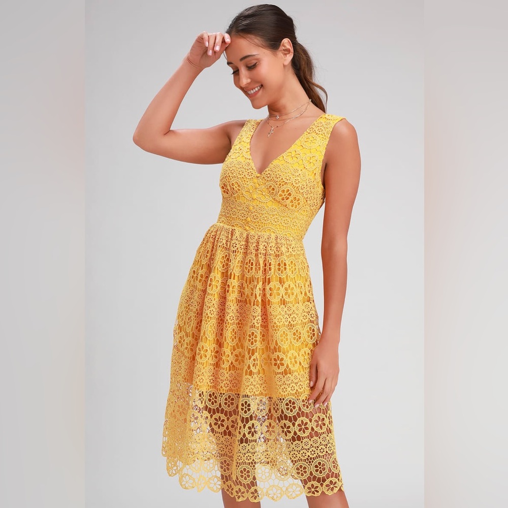 Yellow crochet lace midi dress